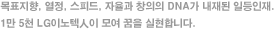 목표지향, 열정, 스피드, 자율과 창의의 DNA가 내재된 일등인재. 1만 5천 LG이노텍人이 모여 꿈을 실현합니다.